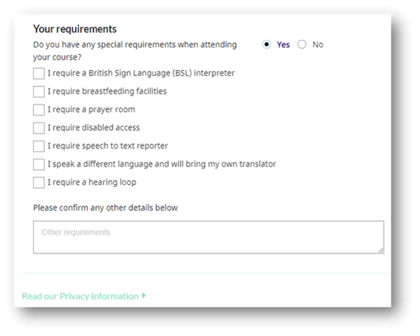 Your Requirements screenshot from NDORS booking system