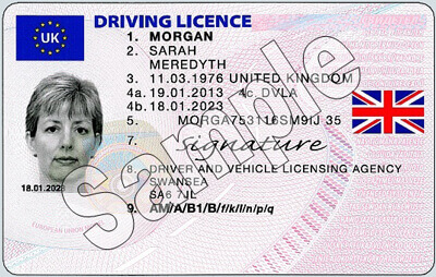 Sample UK Driving licence with Union Jack