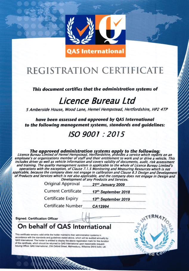 QAS international Registration Certificate for Licence Bureau Ltd