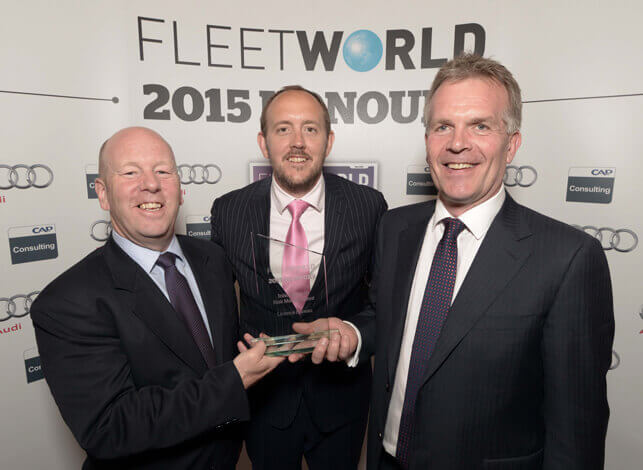 Steve Moody (centre) Editor of Fleet World congratulates Mark Bannister Financial Director and Malcolm Maycock Managing Director of Licence Bureau on the 2015 Fleet World Honours “Innovation in Risk Management” award  presented at the at The Royal Automobile Club, Pall Mall, on Tuesday 19th May.