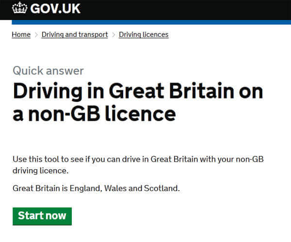 Gov.uk - Driving in Great Britain on a non-GB licence screenshot